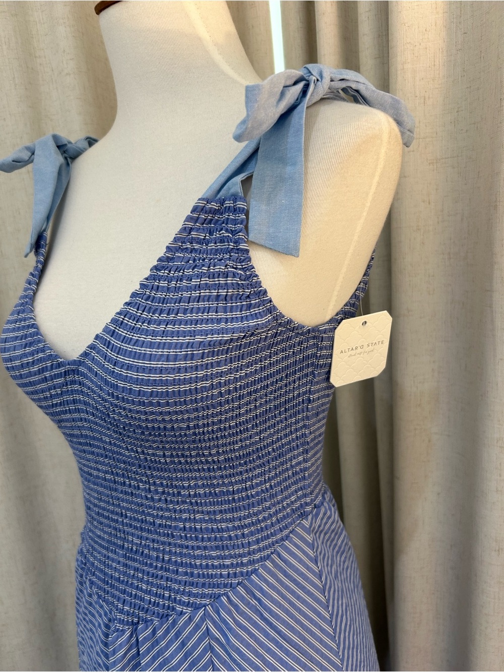 Altar'd State Blue Cowgirl Smocked Striped Tie Strap Midi Dress Size XS NWT - Picture 3 of 9
